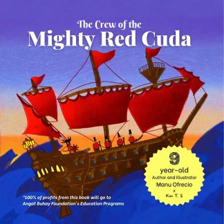 pirate book for kids by a child author. The cover shows a red pirate ship illustration